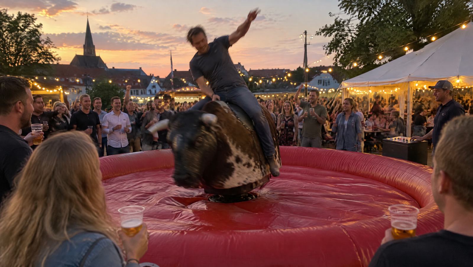 Rodeotyr til byfest om aftenen med publikum omkring faldmåtten